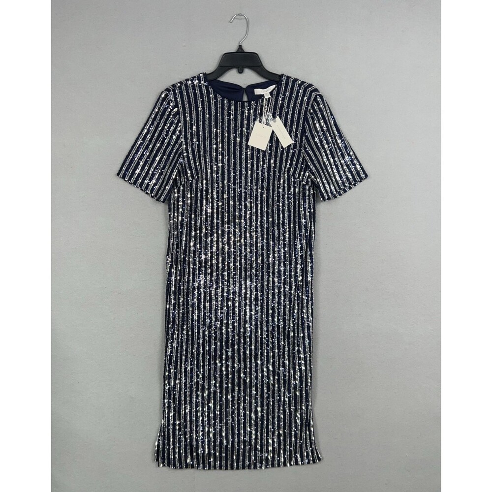 Anthropologie Flat White Dress Women Small Navy Blue Silver Sequin Striped Party - Picture 2 of 16